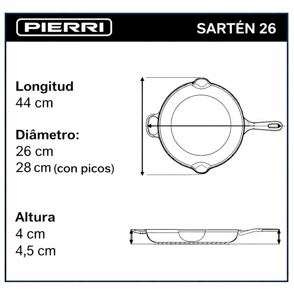Sartén de hierro fundido negra de 26 cm de Nero (5 años de garantía)