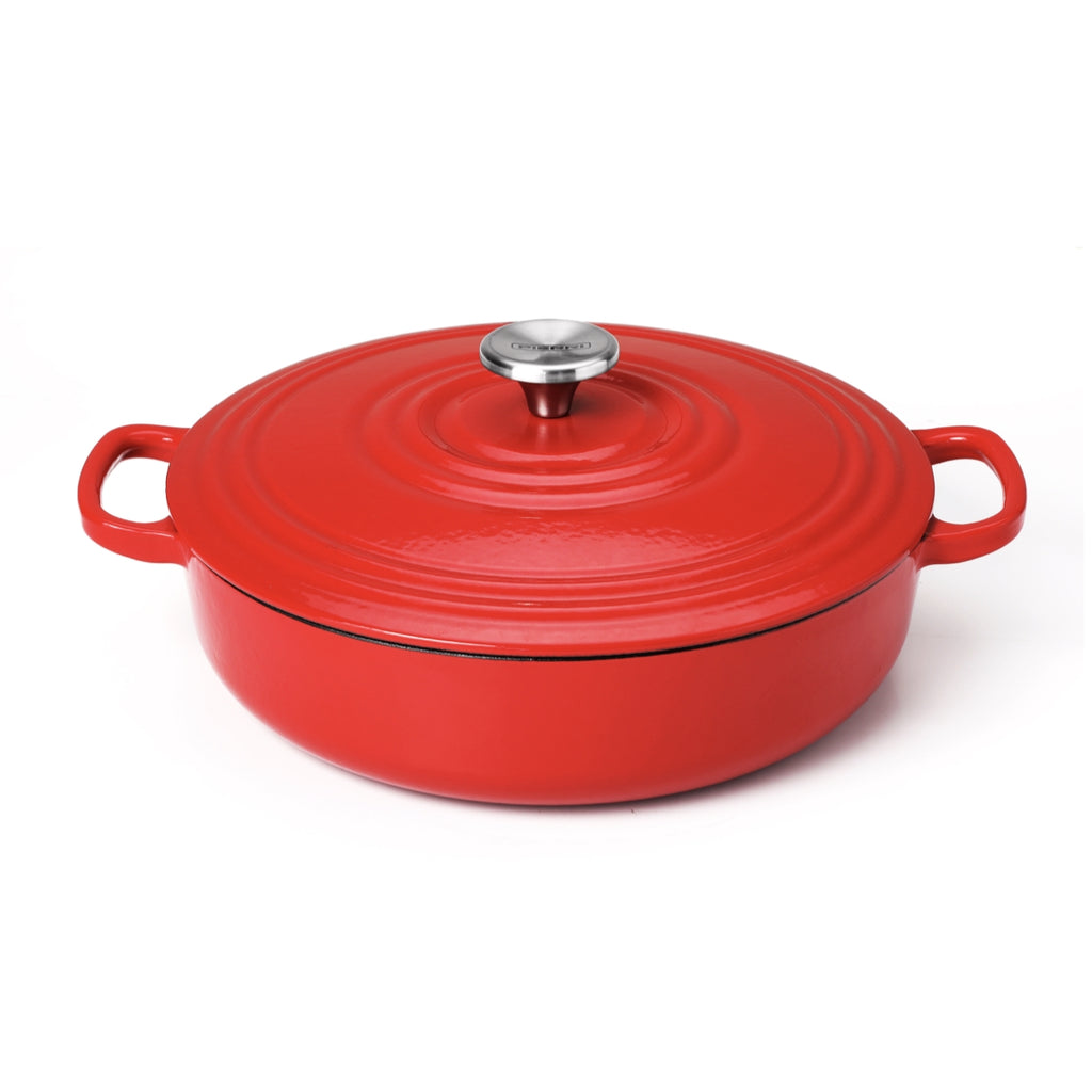 Cacerola de hierro fundido poco profunda de 28" con diseño Pomodoro rojo (5 años de garantía)