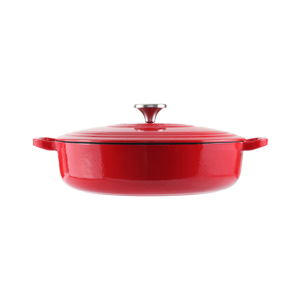 Cacerola de hierro fundido poco profunda de 28" con diseño Pomodoro rojo (5 años de garantía)